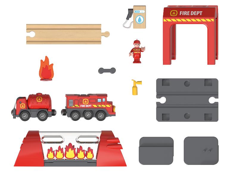Ensemble de jeu de train de pompiers en bois et plastique.