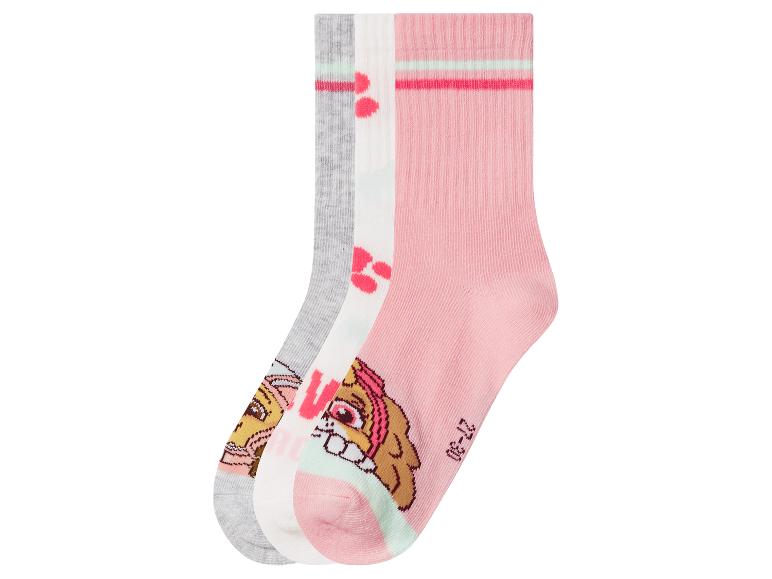 Lot de trois paires de chaussettes pour filles, roses, blanches et grises, sur le thème de la Pat' Patrouille.