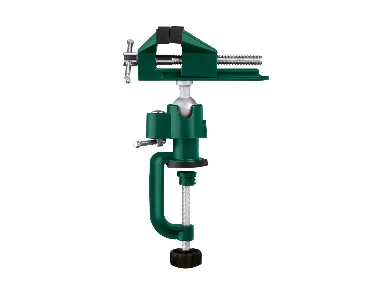 Étau de table vert : mors fixes et base à fixation par pince.