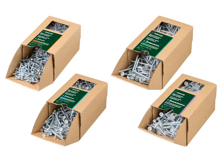 Quatre boîtes de vis à aggloméré Parkside de différentes tailles, dont 4.0x30mm et 5.0x60mm.