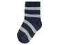 Une chaussette bleu foncé avec des rayures blanches.