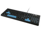 Un clavier noir avec des accents bleus et un pavé numérique.
