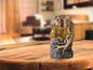 Une fontaine d'eau décorative avec un design de tronc d'arbre sur une table en bois.