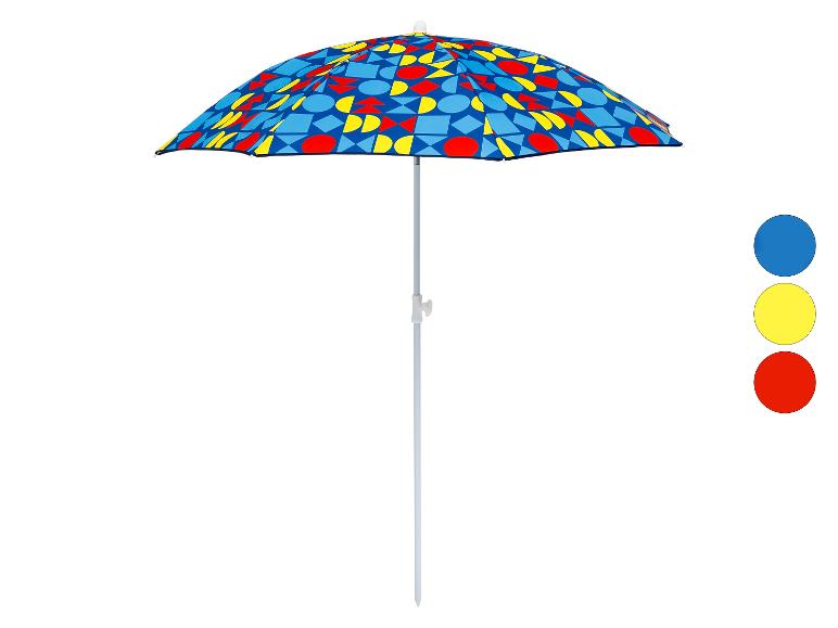 Parasol de plage coloré avec motifs géométriques en bleu, jaune et rouge.