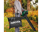 Homme utilisant un souffleur de feuilles Parkside avec sac de ramassage dans un jardin d'automne.