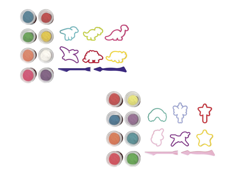 Kits de pâte à modeler avec des formes de dinosaures et de licornes, y compris de la pâte à modeler et des outils.