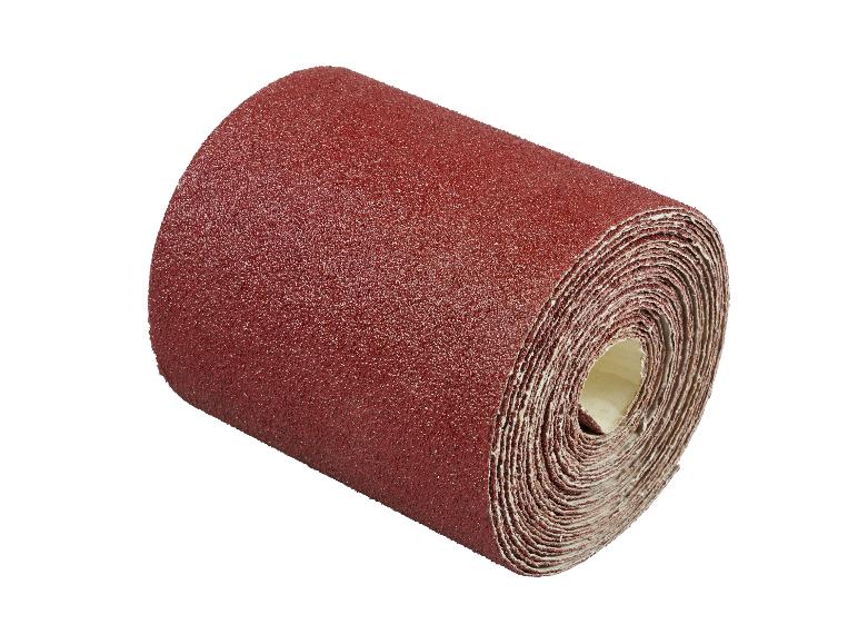 Rouleau de papier de verre rouge, enroulé.