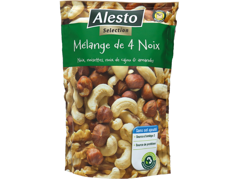 Mélange de quatre noix : noix, noisettes, noix de cajou et amandes, sans sel ajouté, source d'oméga-3 et de protéines.