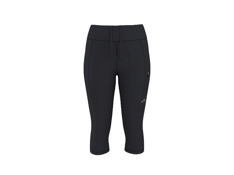 Legging de sport noir 3/4 pour femme avec poche zippée et cordon de serrage à la taille.