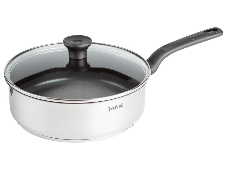Une casserole Tefal avec un couvercle en verre.