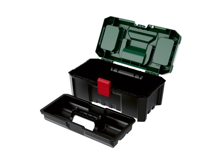 Boîte à outils ouverte avec plateau amovible, en vert et noir.