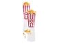 Deux gobelets de pop-corn rouges à rayures blanches remplis de pop-corn.