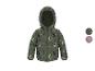 Veste d'enfant à capuche vert olive avec imprimé dinosaure bleu et vert clair.
