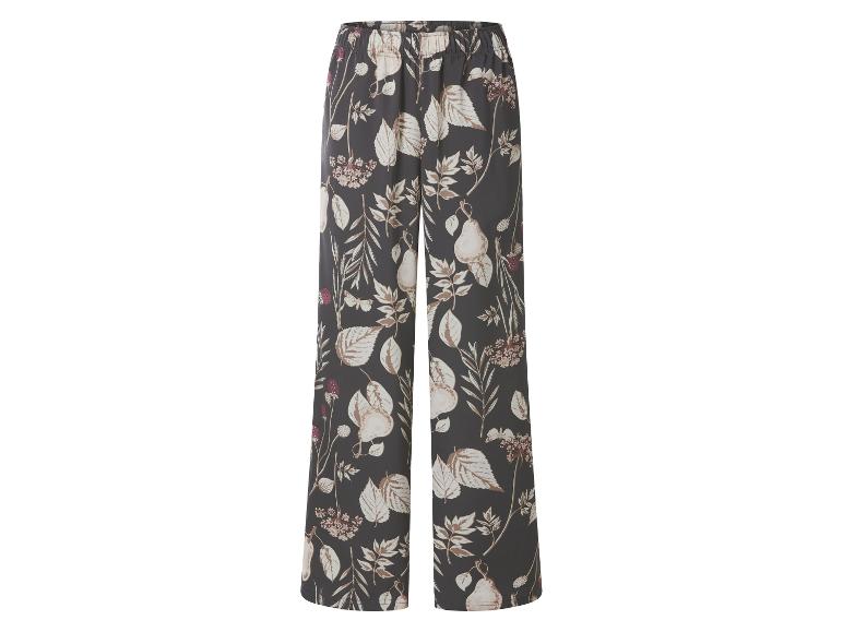 Pantalon large pour femme avec un fond gris foncé et un imprimé de feuilles, poires et baies.