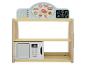 Cuisine jouet en bois avec calculatrice, articles de boulangerie et micro-ondes.
