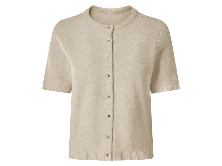 Cardigan beige à manches courtes avec boutons dorés.