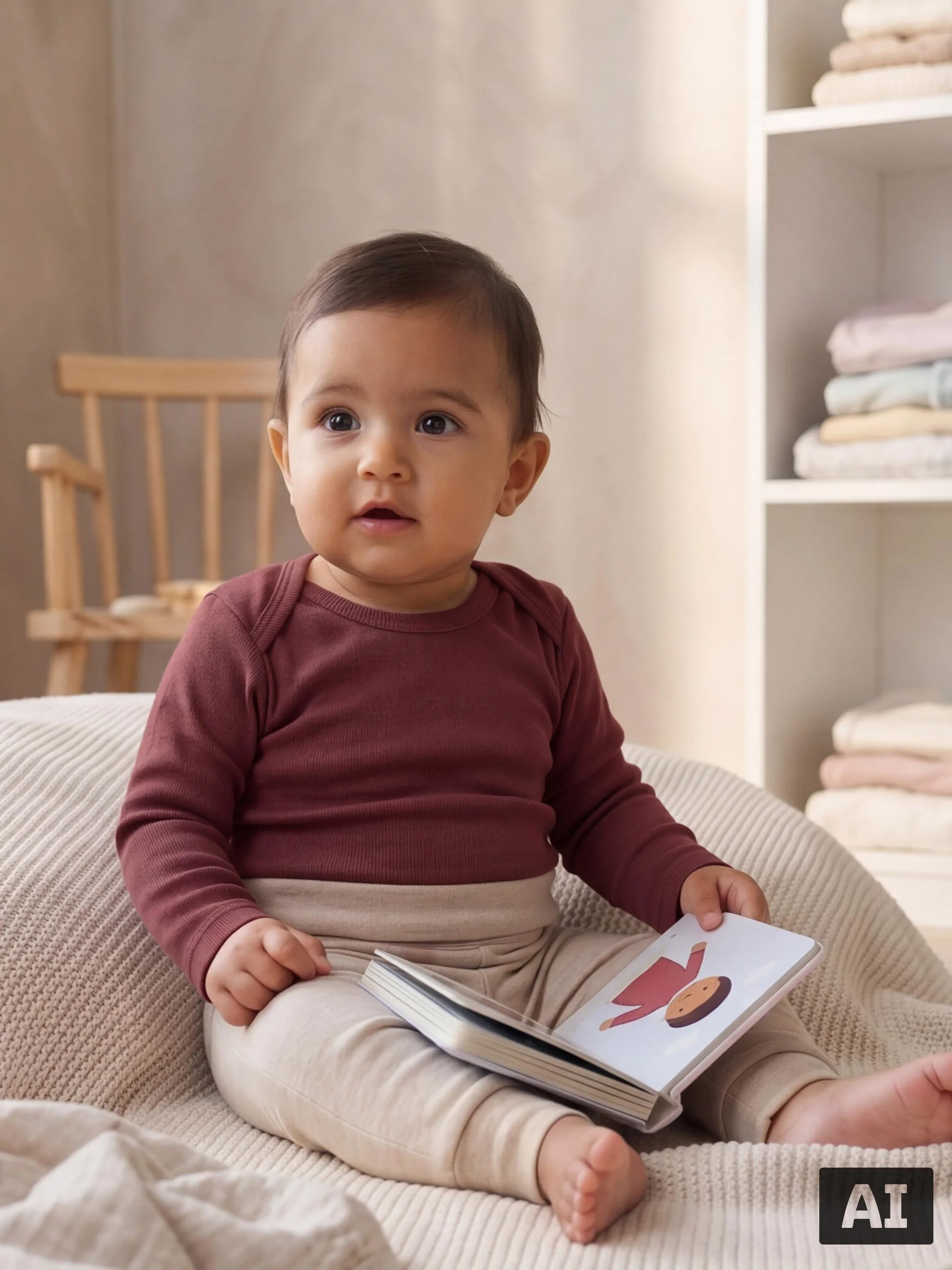 Bébé en body bordeaux et pantalon beige assis avec un livre sur un pouf.