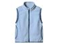 Gilet polaire bleu clair avec fermeture éclair et bordure gris foncé, isolé sur blanc.