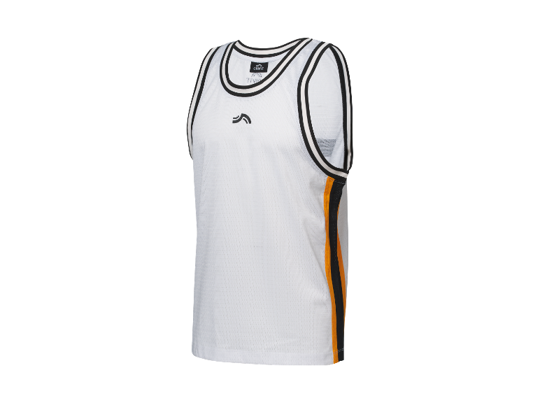 Un maillot de basket-ball blanc Crivit avec des détails noirs et orange.