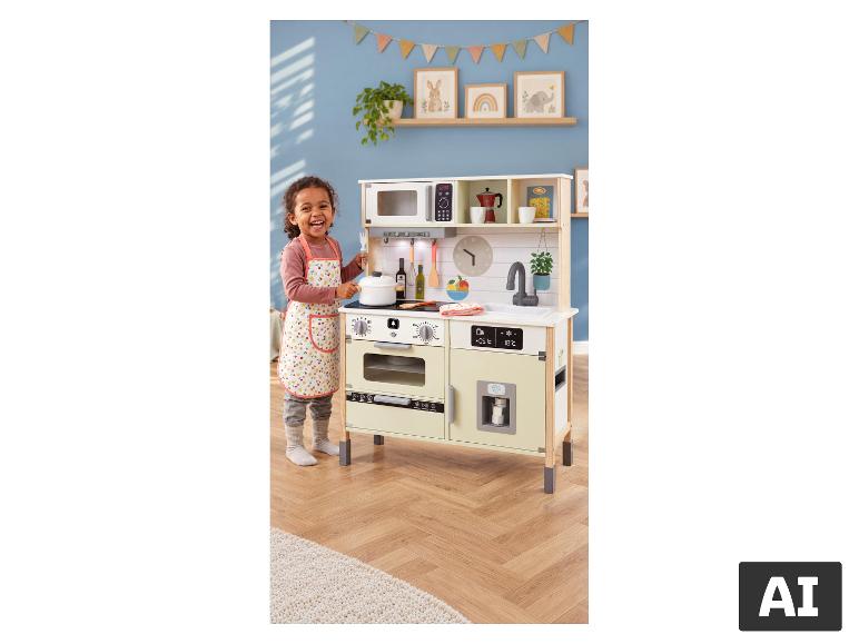 Un enfant joue avec une cuisine en bois pour enfants LUPILU® et ses accessoires. [image générée par l'IA]