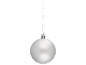 Une boule de Noël argentée mate avec une boucle de suspension argentée et une ficelle blanche.