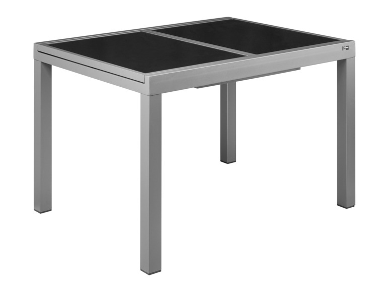 Une table de jardin en argent avec un plateau en verre noir de Livarno.