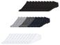 Un lot de 18 paires de chaussettes sans bordure en blanc, gris, gris foncé et bleu.