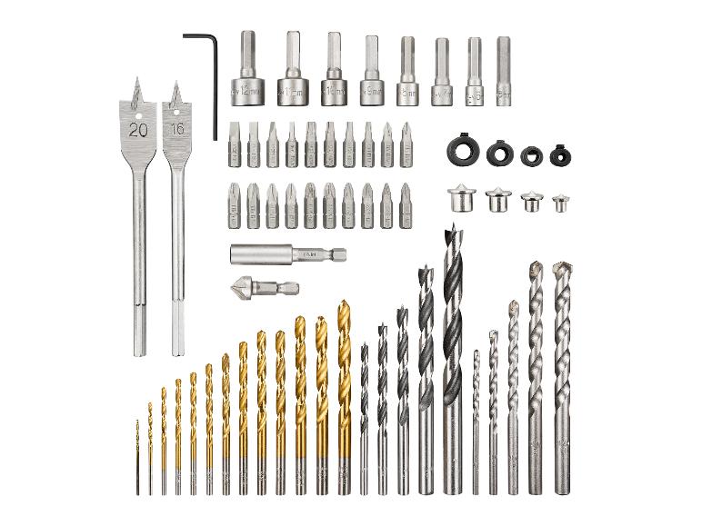 Kit de forets avec divers types de forets, embouts et douilles pour différentes tâches.