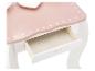 Coiffeuse en bois rose et blanc avec un tiroir ouvert