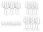 Un ensemble de verres, dont des verres à vin, des flûtes à champagne et des verres à vin rouge.