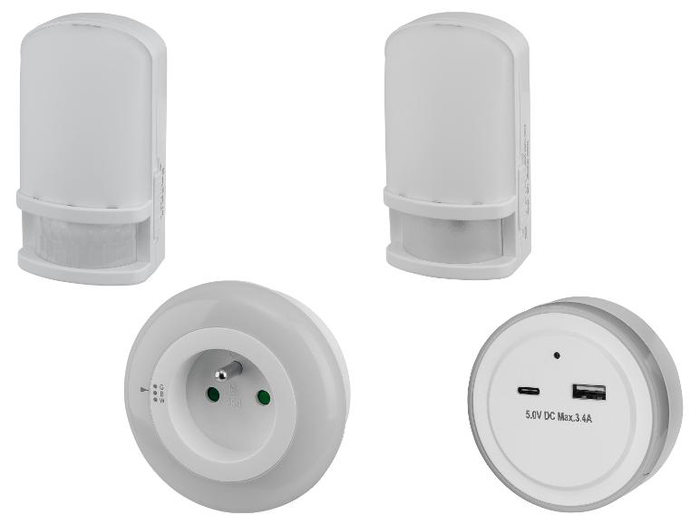 Veilleuse avec détecteur de mouvement et prise de courant avec ports USB, options de couleur et minuterie.