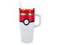 Mug isotherme au design de balle rouge et blanche, avec anse et paille.