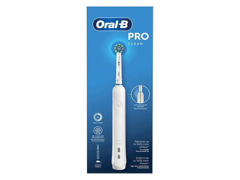 Une brosse à dents électrique Oral-B Pro Clean avec capteur de pression.