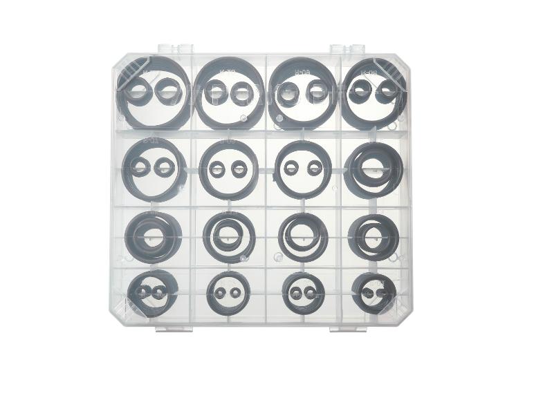 Un assortiment de joints toriques dans un boîtier transparent.