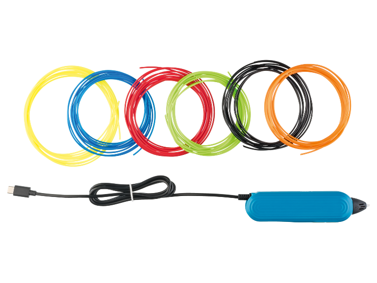 Stylo 3D bleu avec câble USB et filaments colorés (jaune, bleu, rouge, vert, noir, orange).