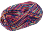 Pelote de fil multicolore avec des rayures bleues, oranges, violettes, roses et jaunes.