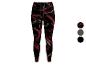 Legging de sport avec motif abstrait dans les tons rouges et verts sur fond noir.