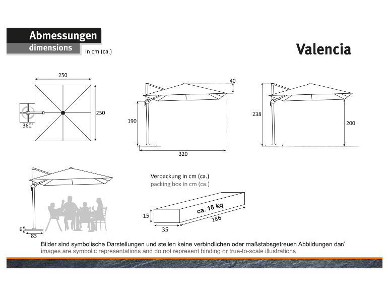 Dimensions du parasol Valencia, y compris les mesures et l'emballage.