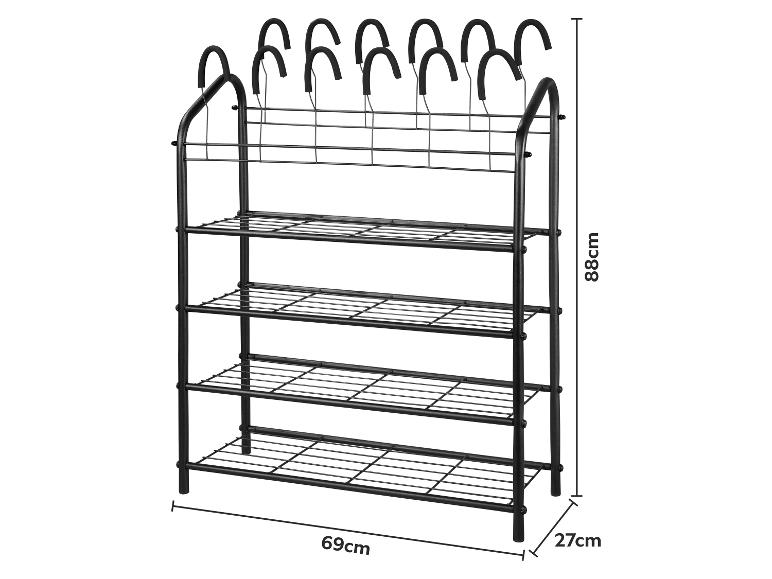 Étagère à chaussures en métal noir à quatre niveaux avec crochets supérieurs, dimensions 88x69x27cm.