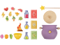 Ensemble de jeu de potions magiques avec chaudron, baguette, ingrédients et cartes.