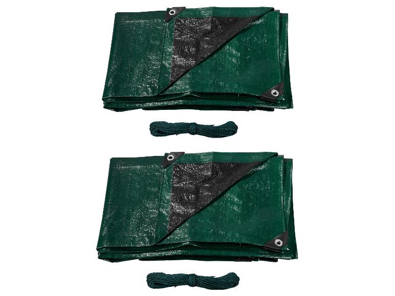 Deux bâches vertes avec œillets et deux cordes vertes enroulées.