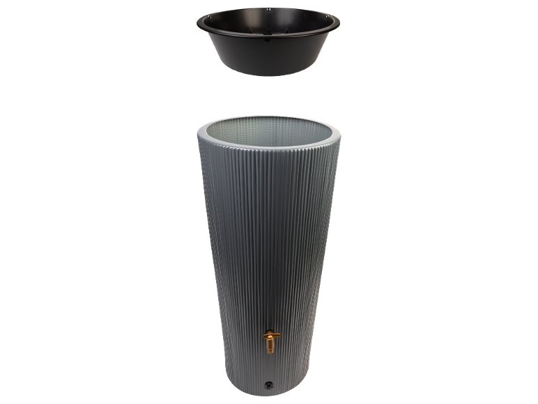 Réservoir d'eau de pluie gris avec robinet et bassin noir séparé.