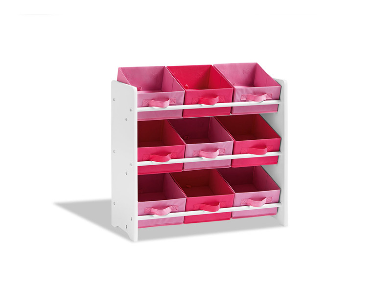 Étagère blanche avec paniers de rangement roses