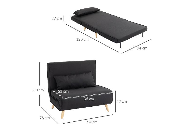 Fauteuil et chaise longue pliables noirs avec dimensions.