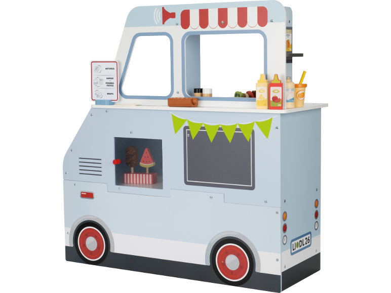 Camion-restaurant jouet en bois pour enfants avec accessoires.