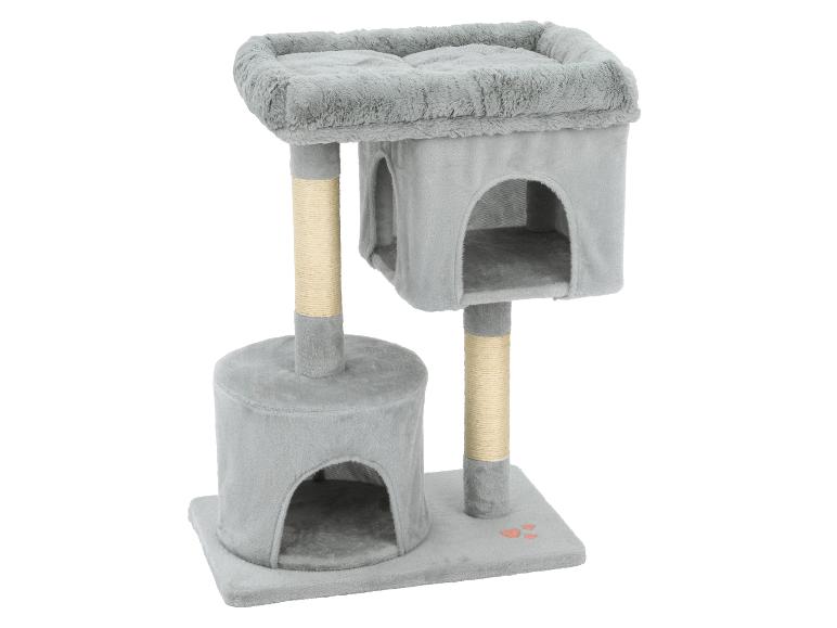 Arbre à chat gris avec deux niches, deux poteaux à griffer et un couchage supérieur.
