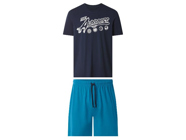 Pyjama homme avec t-shirt bleu foncé imprimé 'The Avengers' et short bleu.