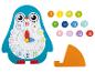 Horloge et jeu éducatif pingouin en bois avec chiffres romains.