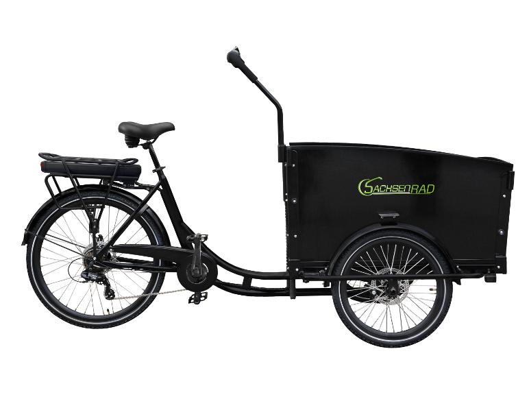 Vélo cargo électrique SachsenRAD noir à trois roues avec caisse de transport.