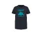 T-shirt bleu marine à manches courtes avec imprimé palmier et texte 'PALMS & OCEAN BREEZE' en turquoise.